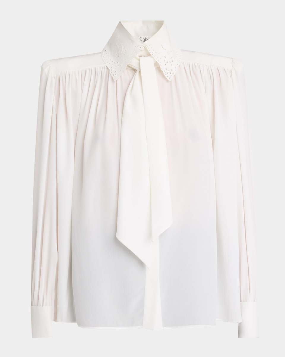 Neck-Tie Lace-Collar Silk Georgette Blouse
